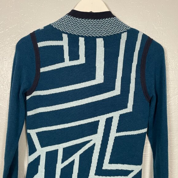 Title Nine Women S Blue Geometric Sweater Dress Cowl Neck Pockets Merino Wool - Picture 9 of 10
